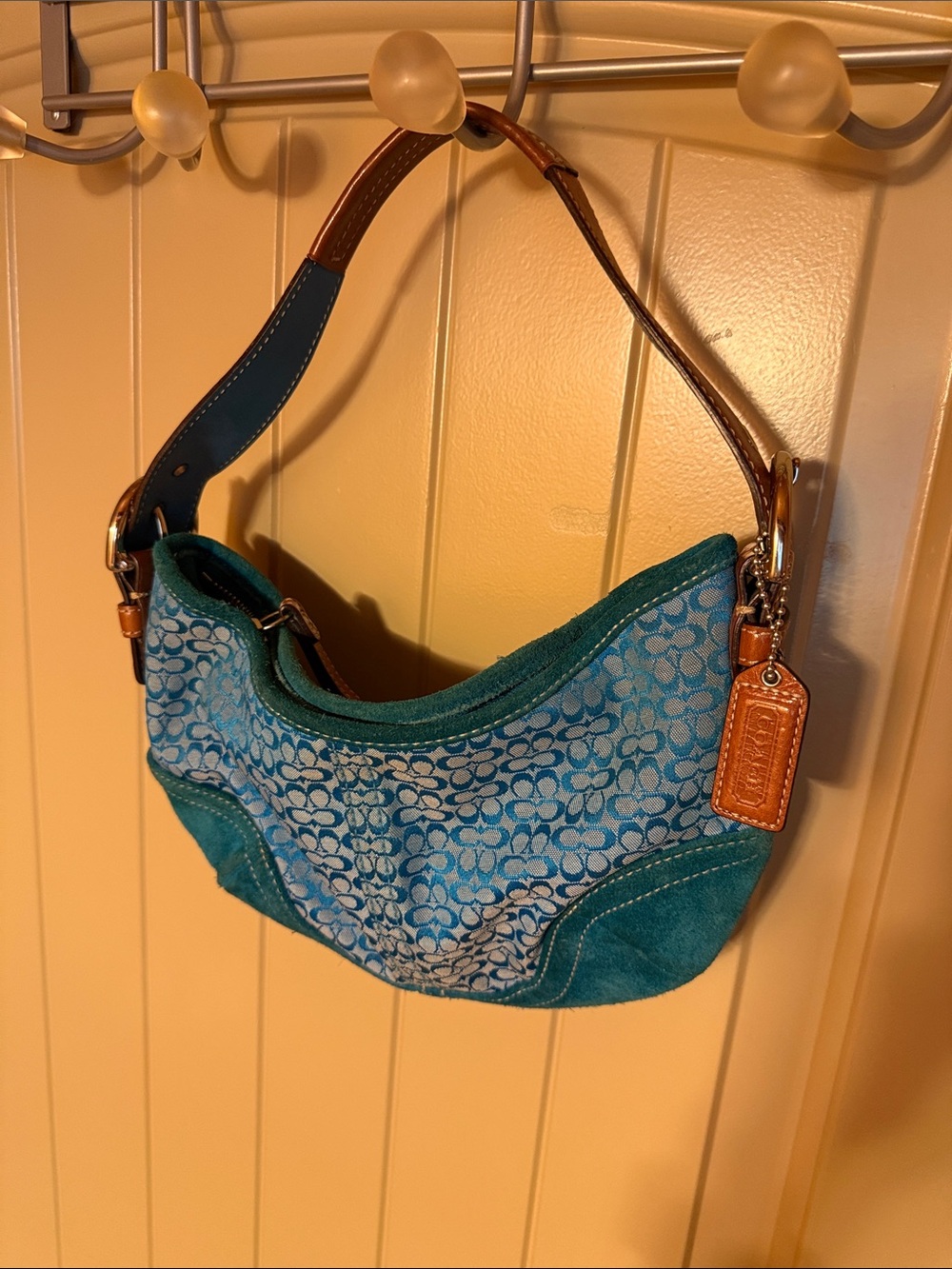 Coach Teal Signature Canvas and Suede Shoulder Bag with Brown Strap - Picture 3 of 3